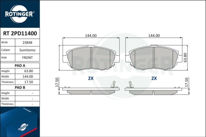 Колодки тормозные дисковые комплект ROTINGER RT2PD11400 (фото 1)