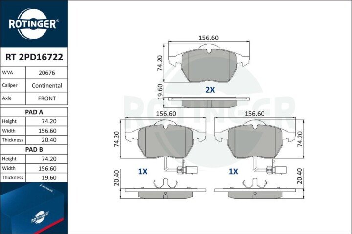 Колодки гальмівні дискові комплект ROTINGER RT2PD16722 (фото 1)