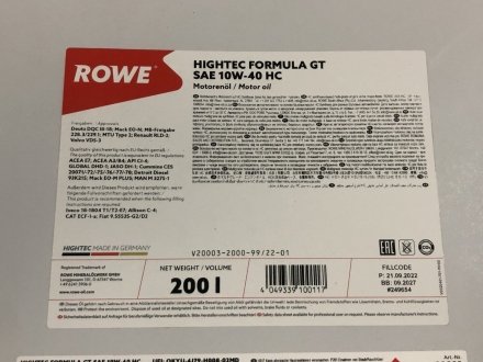 Масло 10w40 hightec formula gt hc (200l) (ace e7/acea a3/b4) (mb 229.1/vds-3/mb 229.3/man m3275-1) ROWE 20003-2000-99