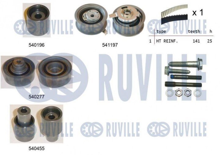 К-кт. грм (рем.+4шт.ролика+крепление) audi a3 1,9tdi 96-01 vw 1,9tdi/sdi: golf iv, polo skoda seat RUVILLE 550059 (фото 1)