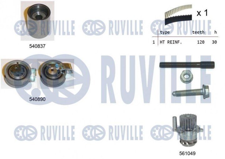 Ауды к-кт. грм (рем.+2шт.ролика+насос +крепление) 1,9tdi: a3/4/6 vw 1,4 t5 seat skoda ford galaxy RUVILLE 5501372 (фото 1)