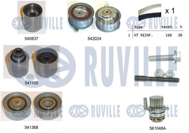 Vw до-кт грм (насос+рем.+4 ролика натягу+кріпл.) golf,passat,audi 2.0td RUVILLE 5503051 (фото 1)