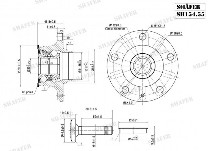 Маточина зад. abs+ audi a3 skoda octavia iii vw golf plus, golf sportsvan, golf v, golf vi, golf vii, jetta iv 1.0-electric 05.03- SHAFER SH154.55K (фото 1)