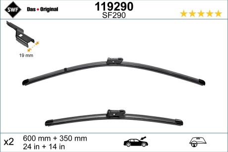 Щетки стеклоочистителя (600/350mm) Renault Zoe 12-/Ford KA 08-16/Fiat 500/500E 07- SWF 119290