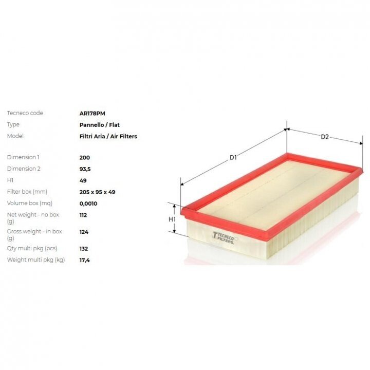 Фільтр повітряний vw golf 1,5 76-83 1,6-1,8 75-91 Tecneco AR178PM (фото 1)