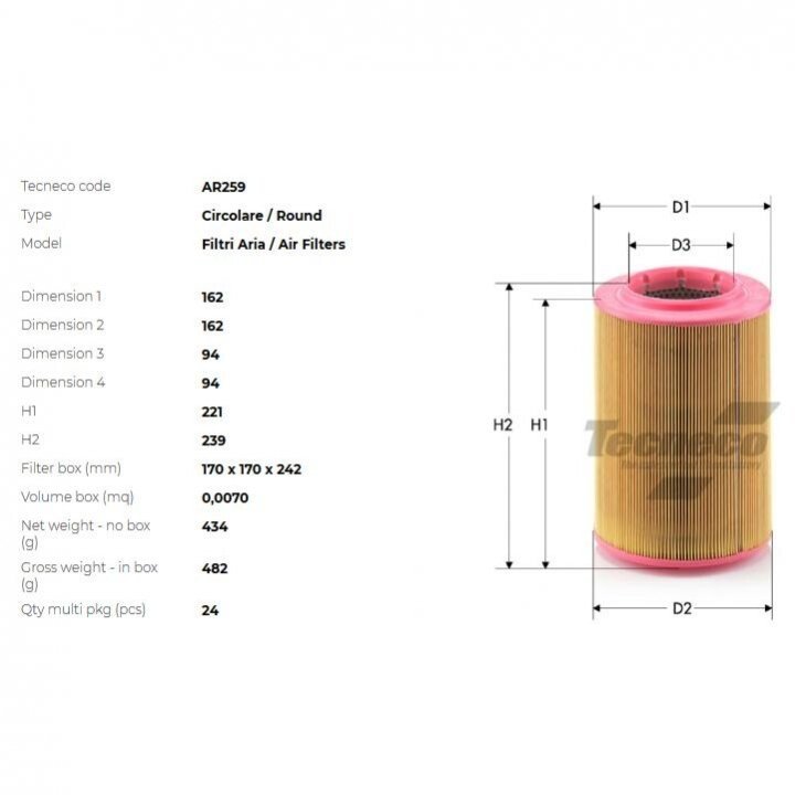 Фільтр повітряний vw t4 1, 9d 2, 0 2, 4d 2, 5 9 Tecneco AR259 (фото 1)