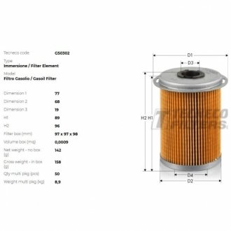 Фильтр топливный renault trafic/vivaro (система delphi- высота 96мм, грибком) 1.9-3.0 tdi 02- Tecneco GS0302 (фото 1)