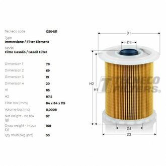 Фильтр топливный renault clio 1.9d 1.97-8.98-/megane 1.9d,td 95-/safrane 2.1,2.5 td 95- Tecneco GS0451
