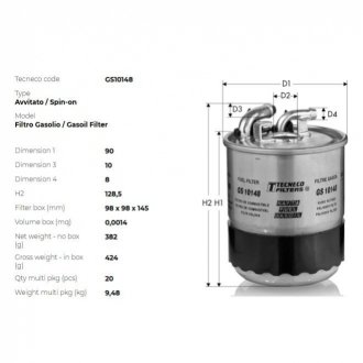 Фильтр топливный (с отверстием для датчика воды)db w169/204/211 sprinter/vito/viano Tecneco GS10148