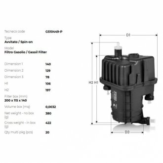 Фильтр топливный (из приспособ. для датчика воды) renault 1.5dci 04- Tecneco GS10449P