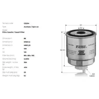 Фільтр паливний fiat bravo, brava 1.9ds, sx 9/95-, ti Tecneco GS204