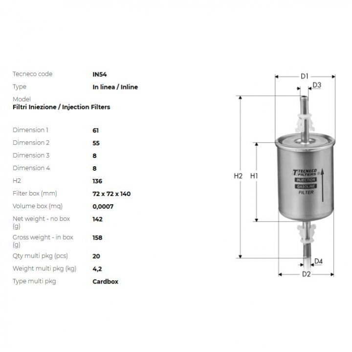 Фильтр топливный dacia logan/peugeot 106 91-/cirtoen berlingo 05-/renault twingoo,clio,megane 1.1-1.8/smart cabrio 01- Tecneco IN54 (фото 1)