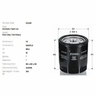 Фильтр масляный citroen/fiat/peugeot/renault 1.9d/2.0hdi/2.5d/2.0 16v Tecneco OL525