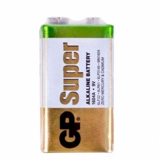 Батарейка лужна gp super alkaline 1604aeb-5s1, 9v, крона, 6lf22 10 (100шт.)х10(10шт.)х1 у вакуумній упаковці ціна за 1шт Transkompani 18592