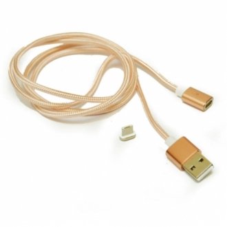 Магнитный кабель usb 2.0/micro, 1m, 2а, индикатор заряда, тканевая оплетка, съемник, gold, blister (под наконечник 8751) Transkompani 9165 (фото 1)