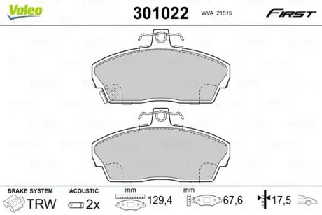 Комплект тормозных колодок, дисковый тормоз VALEO 301022