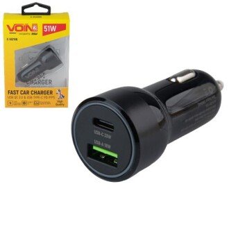 Автомобільний зарядний пристрій 51W, 1USB QC3.0 18W + 1PD 33W, 12/24V VOIN C-51210Q