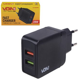 Зарядний пристрій 28W, 2 USB, QC3.0 (Port 1-5V*3A-9V*2A-12V*1.5A. Port 2-5V2A) VOIN LC-24428 BK