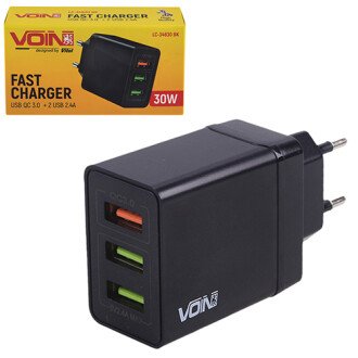 Зарядний пристрій 30W, 3 USB, QC3.0 (Port 1-5V*3A-9V*2A-12V*1.5A. Port 2-3-5V2.4A) VOIN LC-34830 BK