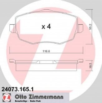 Комплект гальмівних колодок, дискове гальмо Zimmermann 24073.165.1 (фото 1)